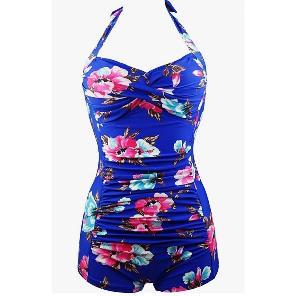 COCOSHIP Women's Elegant Floral Retro Boy-Leg One Piece Ruched Maillot Front Twi